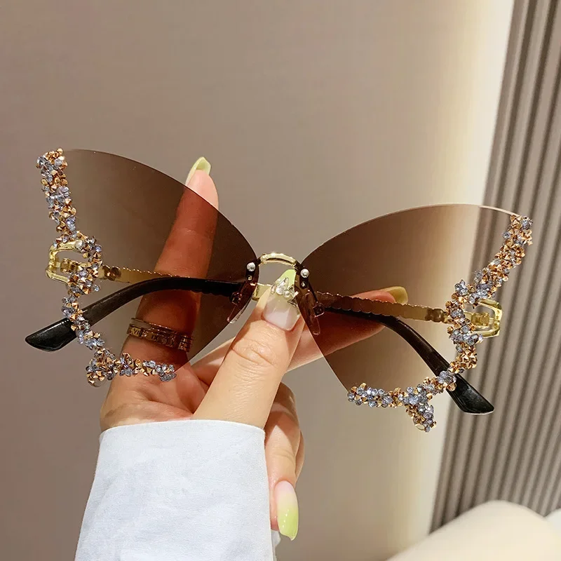 Bling Diamond Fashion Butterfly Sunglasses for Women Overszied Luxury Brand Rimless Sun Glasses Ladies Y2k Eyewear Gafas De Sol image 2