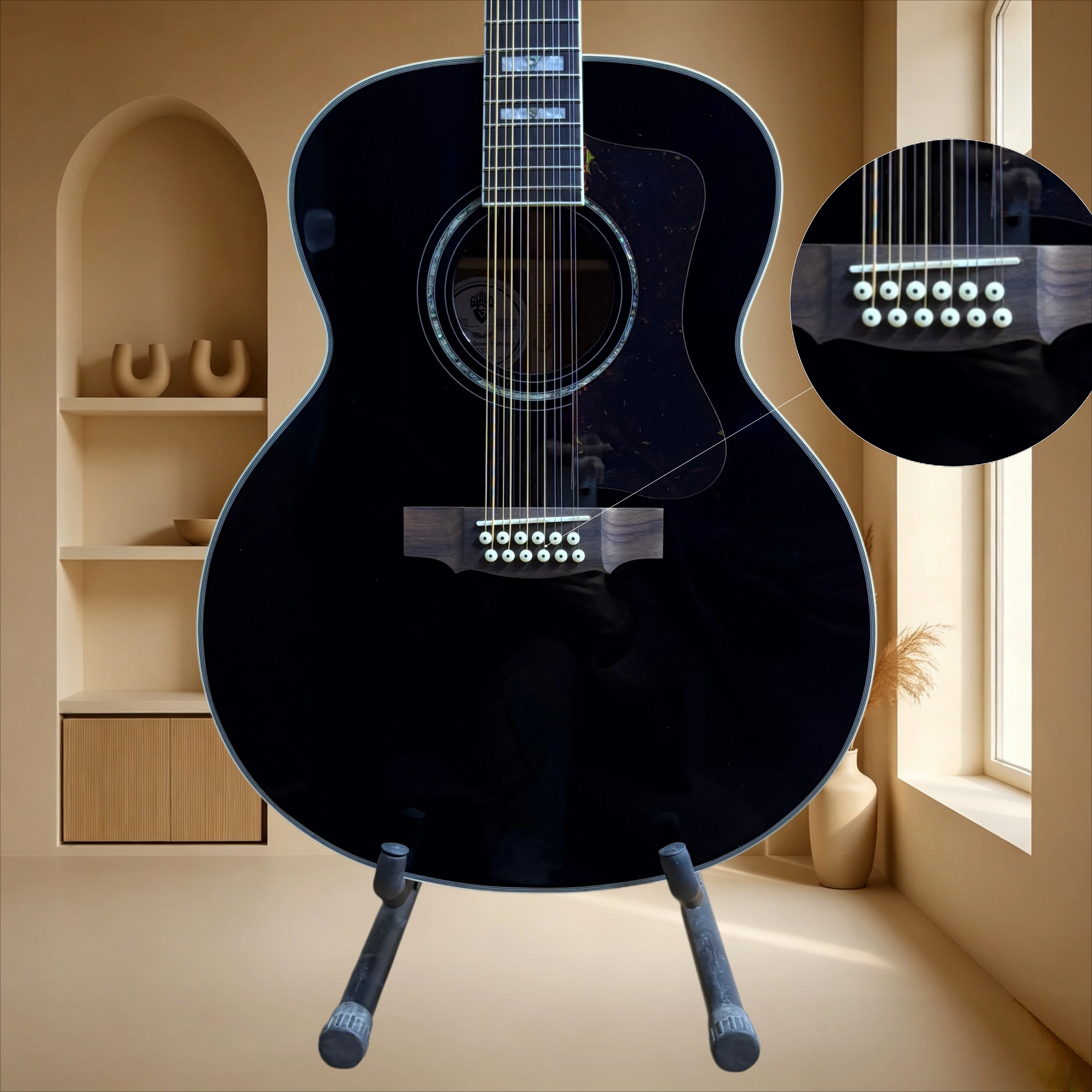 43 Inch Jumbo 12 String Acoustic Guitar Solid Spruce Top Black Gloss 12 String Folk Guitar for Performance Shell Inlays New