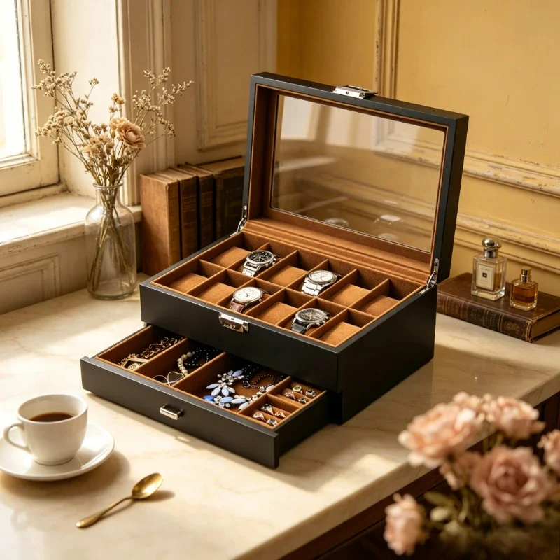 Wooden Jewelry Box Painted Watch Organizer Large Capacity Divider Storage Case for Rings Home Dresser Table Home Gift 원목 보관함