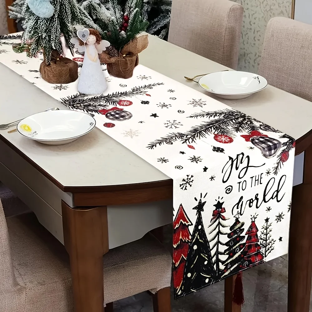 Christmas Joy Table Runner 2D Printed With Trees Ornaments Snowflakes for Christmas Table Decor to Holiday Meals and Decoration