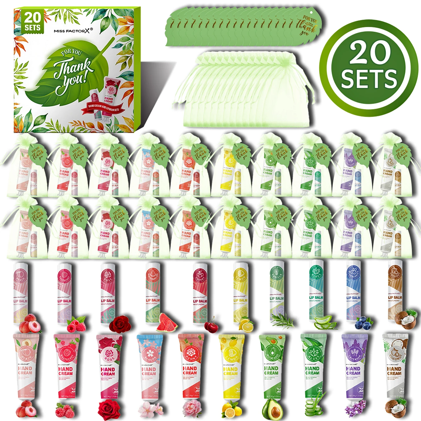 

20 комплектов/коробка высококачественных подарочных наборов-10 ароматизаторов, крем-помада для рук, увлажняющий набор, с открытой благодарностью и зеленым подарочным пакетом