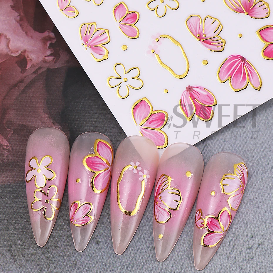 2/3pcs Golden Pink Hibiscus Flower Nail Stickers 3D Bronzing Border Petals Sakura Line Sliders Nail Decals DIY Manicure Decor image 6