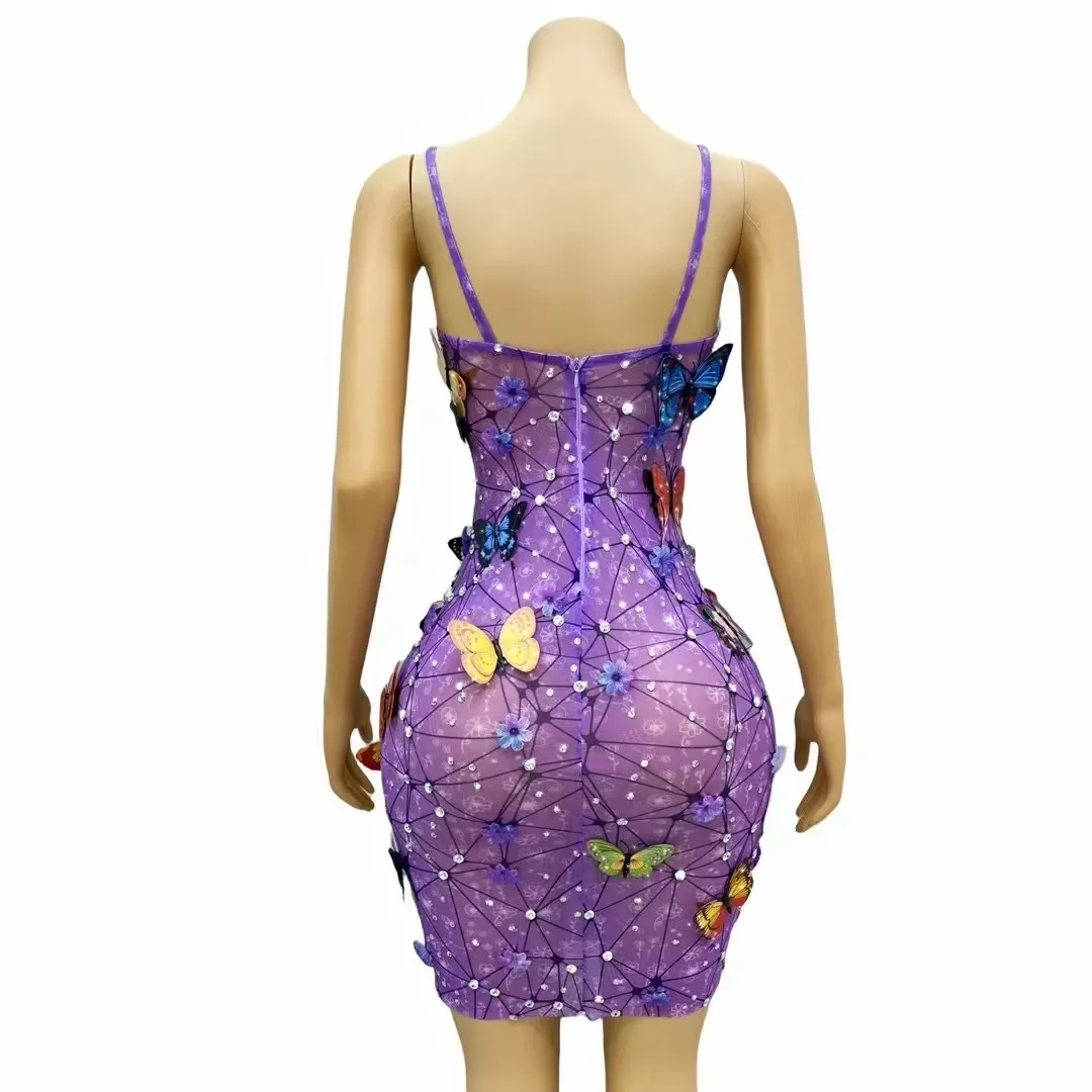 New Sexy Flashing Lovely Butterfly Rhinestones Flowers Purple Dress Transparent Birthday Celebrate Costume Fancy Photoshoot Gown