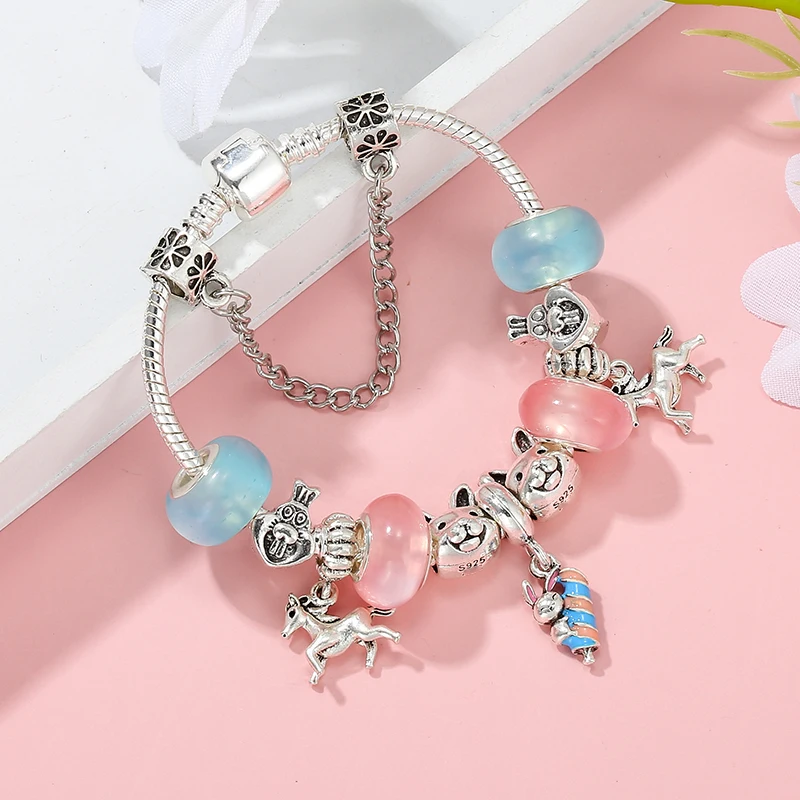 Silver Color Lovely Rabbit Beads Charm Bracelet With Galloping Mustang Pendant DIY Bracelets For Women Jewelry Gift Dropshipping