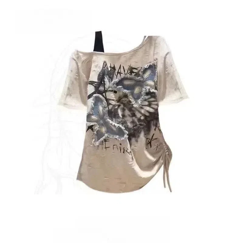 2024 Large Size Vintage Sweet and Spicy Women\'s Clothing Loose Short Sleeve All-match Slash Neck Office Lady Standard T-shirt