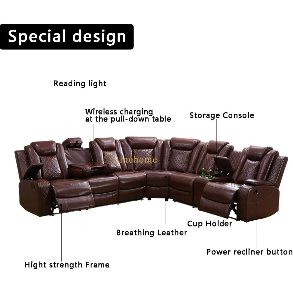 recliner.Power Recliner Set, Leather Sectional Sofa Set for Living Room, Home Theater, with LED Lights, Cup Holder, Hide-Away