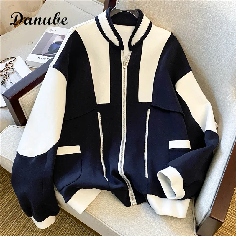 Harajuku Black White Patchwork Baseball Jacket Women Autumn Vintage Y2k Grunge Long Sleeve Coats Streetwear Oversize Zip Jackets