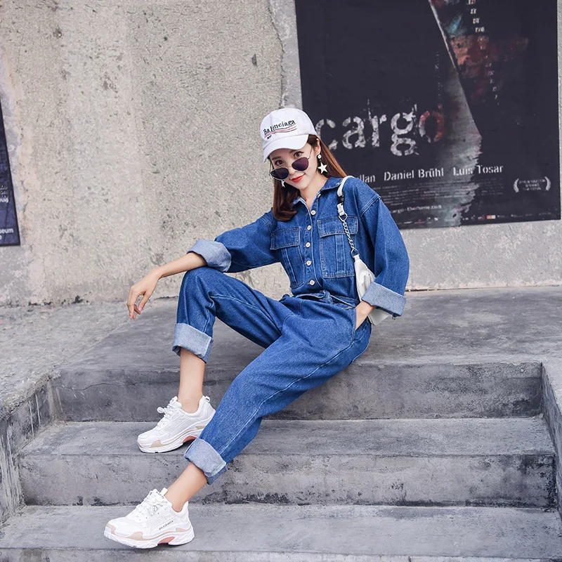 

Comfortable Long Denim Jumpsuit,Women's 2025 New Korean-style Fashionable Solid-color Long-sleeved Loose Workwear Jumpsuit Trend