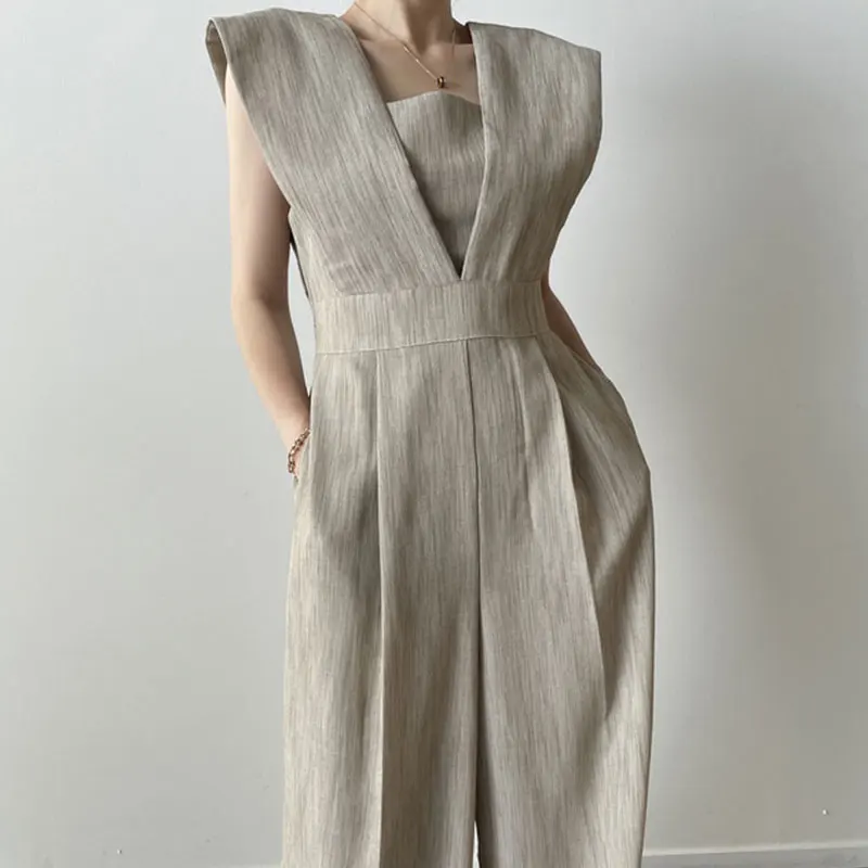 시크한 여름 빈티지 하이웨이스트 슬리밍 캐주얼 슬리브리스 와이드 레그 원피스 팬츠 여성용 스퀘어 칼라 디자인 롱 팬츠