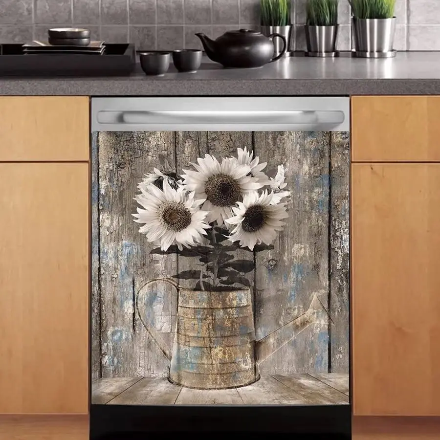 

Wood Dishwasher Magnetic Cover for Door Front,Rustic Wooden Refrigerator Magnet Decor Sunflower Sticker,Country Wood Dishwasher