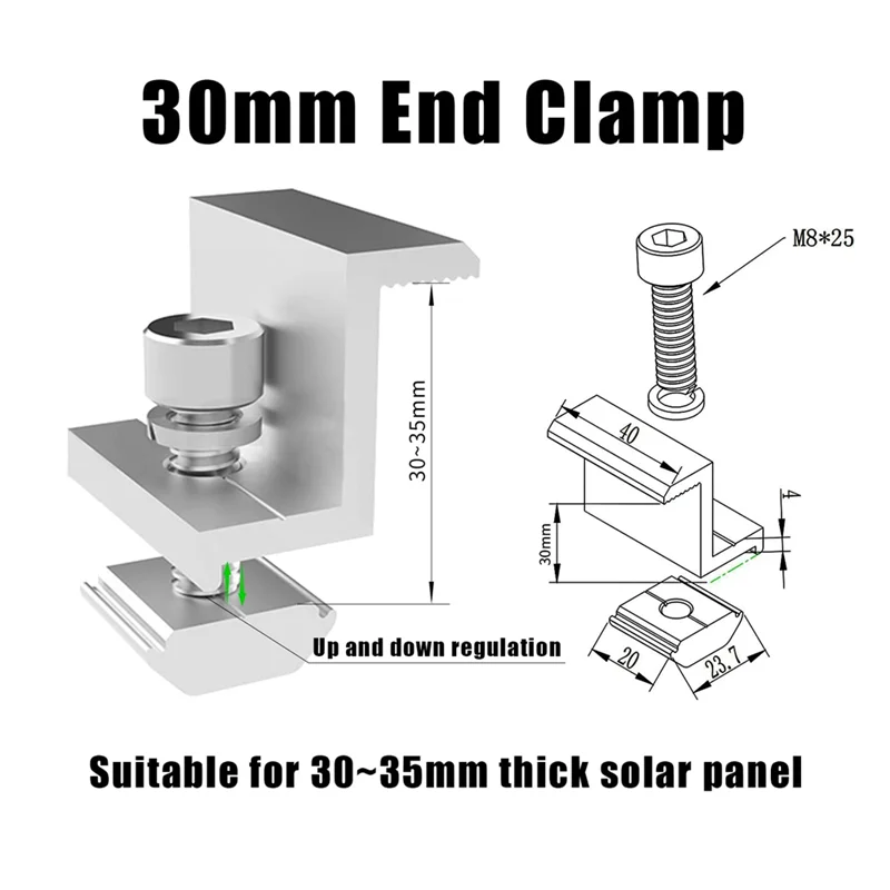 Kit de braçadeira final do suporte do módulo solar de 4 peças, suportes de braçadeira de borda do painel solar, painel solar ajustável da braçadeira final solar, 30mm