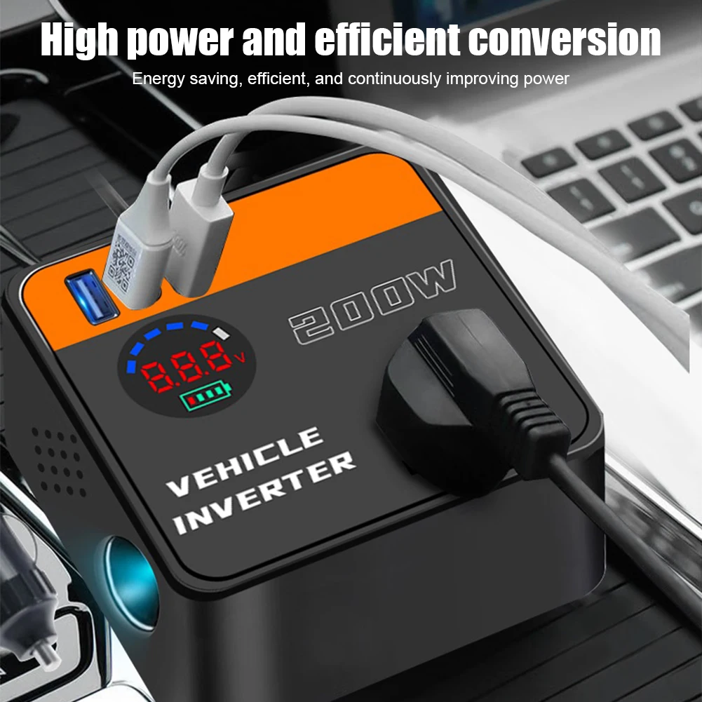 

200W Power Inverter Sinewave 12V/24V DC to 220V AC Inverter Adapter with 4 Ports Fast Charging LCD Display Power Transformer