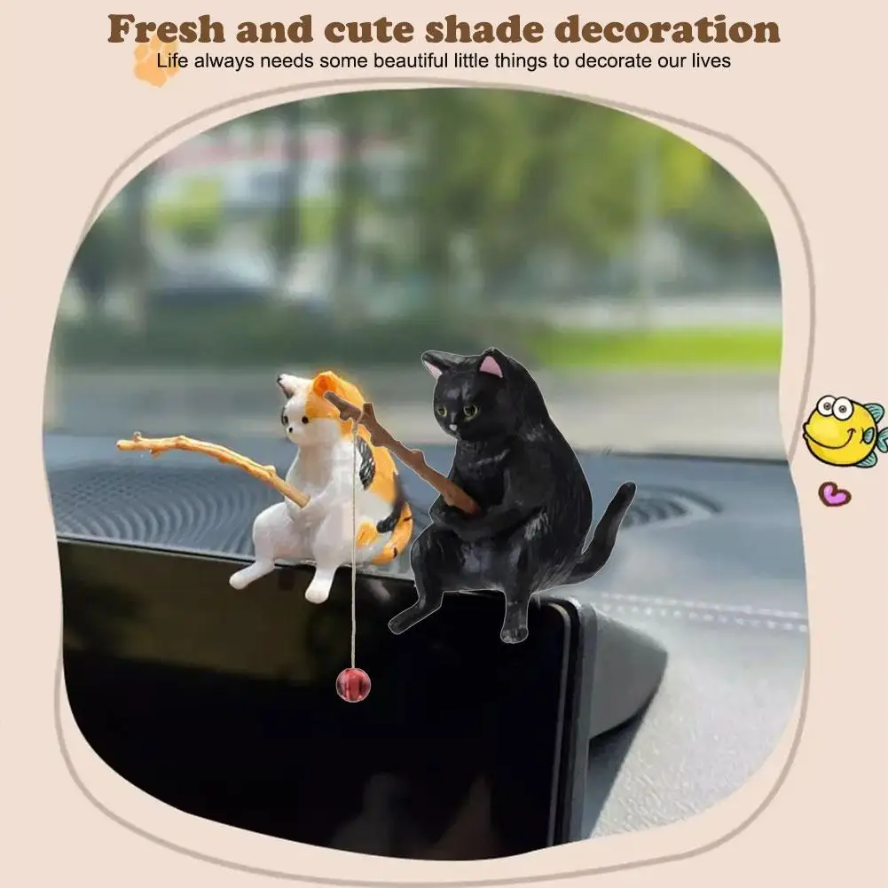 Cute Car Interior Fishing Cat Kawaii Funny Kitten Anime Decor Resin Toy Dashboard Window Air Outlet Decorative Accessories