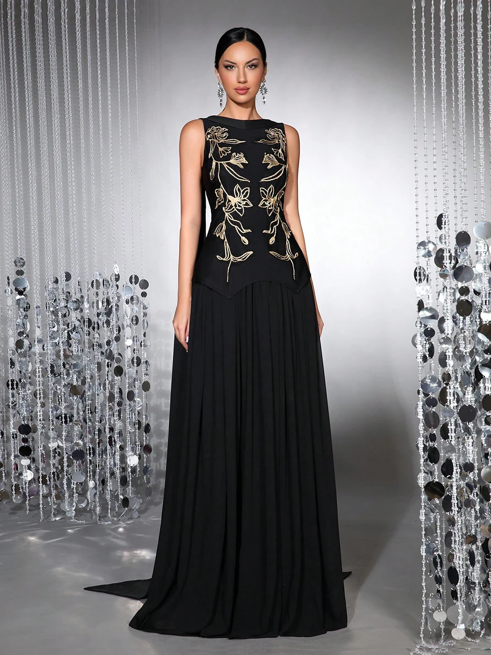 Modphy High-Quality Black Embroidered Ribbon Slim Fit 2-Piece Dress For Women'S Sleeveless Elegant Celebrity Evening Party Gowns