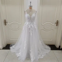 ZJ6002 vestidos de novia bohemios personalizados con cuello en V, tirantes finos, apliques, corsé, vestido de novia de tul para playa, encaje hasta el suelo