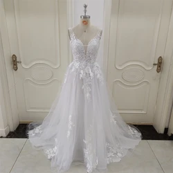 ZJ6002 Customized Boho V-neck Wedding Dresses Spaghetti Straps Appliques Corset Beach Tulle Bridal Gown Lace Floor Length