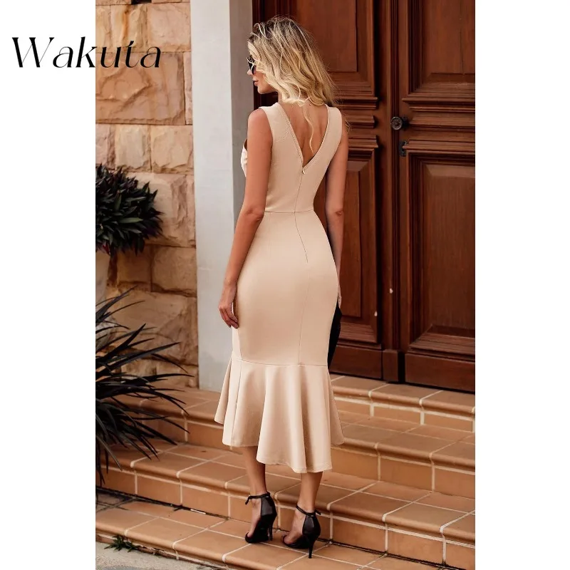 فساتين Wakuta النسائية الأنيقة ميدي Bodycon بدون أكمام بدون ظهر بحاشية مكشكشة حورية البحر كوكتيل رسمي لحفلات الزفاف رداء الضيوف دبي لوكس