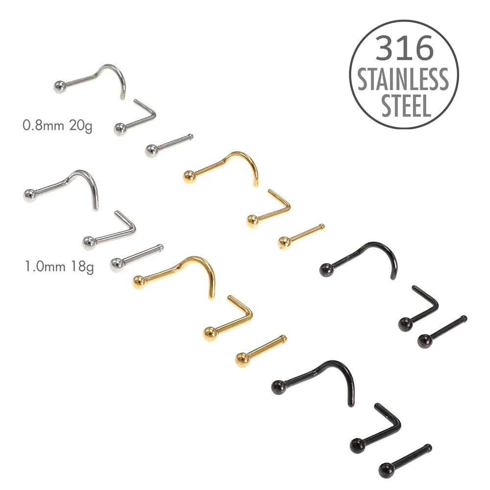 10Pcs Nose Ring Studs Set for Women Ball Nostril Piercings Body Jewelry Screw L Straight Shape Stainless Surgical Steel 18g 20g