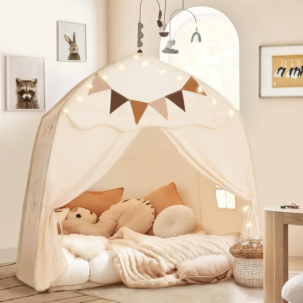 

Extra Large Kids Bed Tent with Lights and Flags Foldable Indoor Outdoor Playhouse Cream