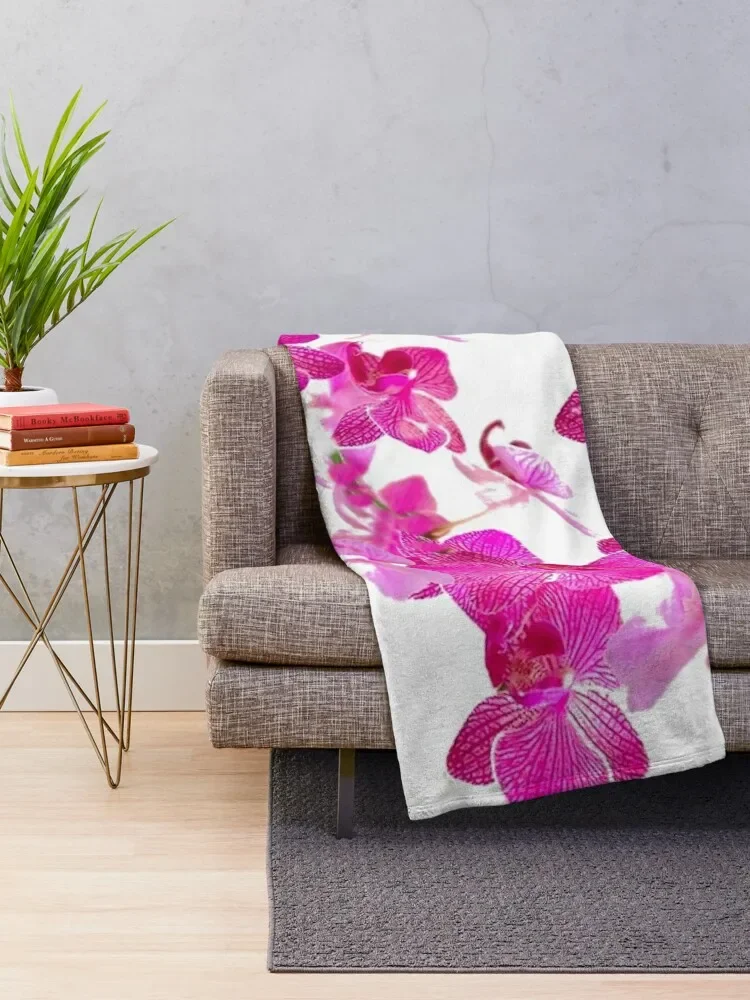 FUCHSIA PINK ORCHIDS PATTERNS WHITE ART Throw Blanket Hair Plush blankets and throws Blankets