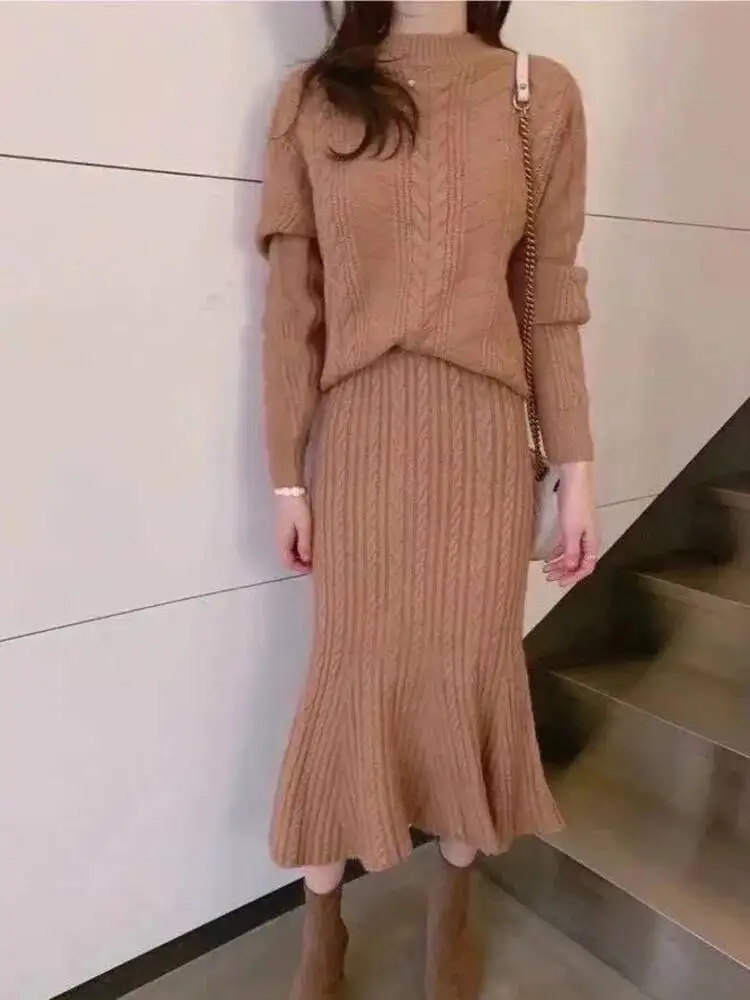 Herbst Winter Hohe Qualität Langarm Gestrickte Lose Pullover Pullover + Frauen Hohe Taille EINE Linie Rock Verdicken Gestrickte 2-teiliges Set