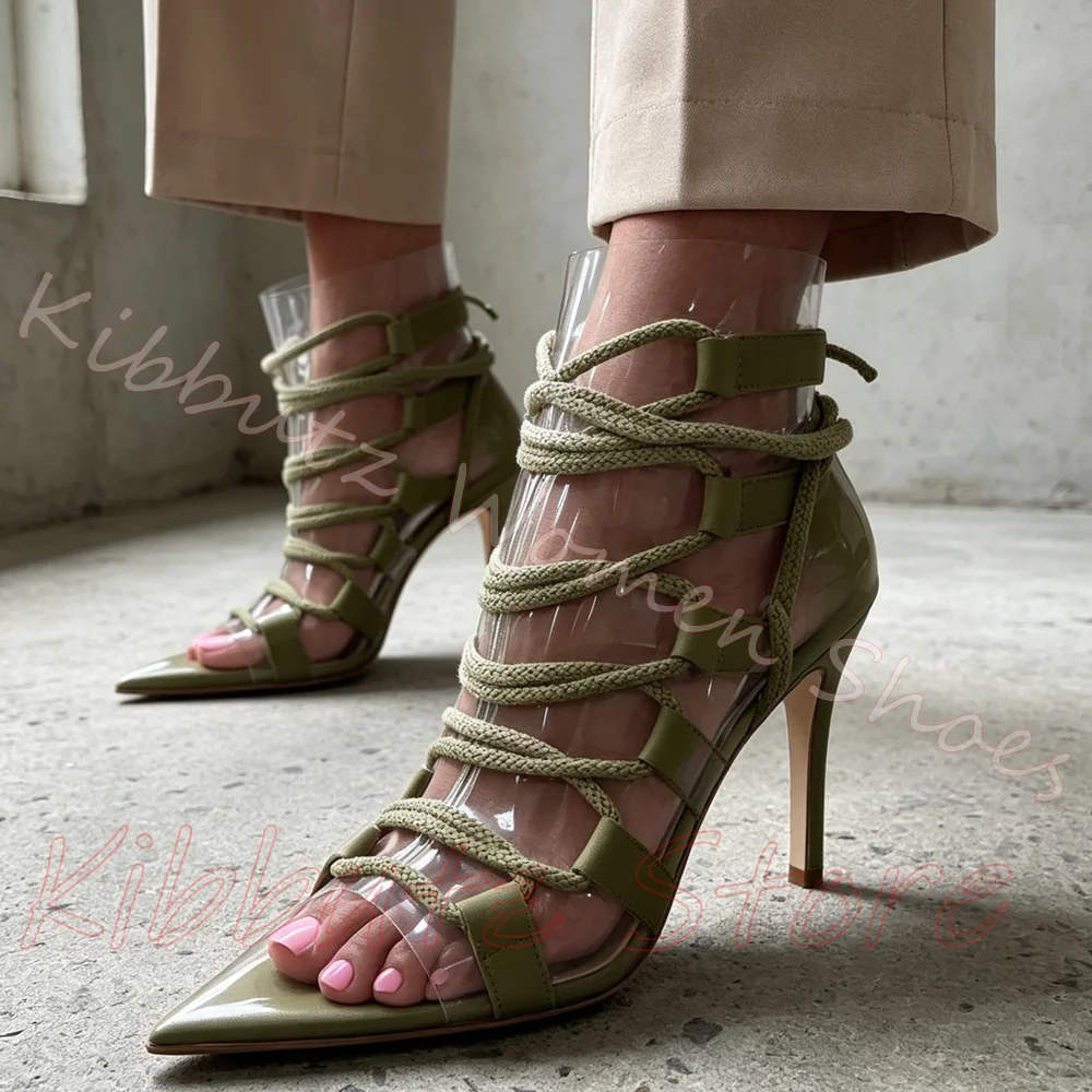 Gladiator Sandals Braided Rope Multi Wrap Transparent Shaft Pointed Toe Women Slim Heel Formal Leather Evening Footwear Fashion