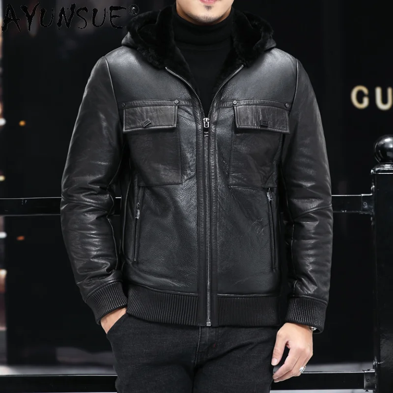 White Duck Down Jacket Men 2021 Winter Hooded Woolen Collar Coat Genuine Cowhide Leather Jackets Casaco Masculino Gmm351