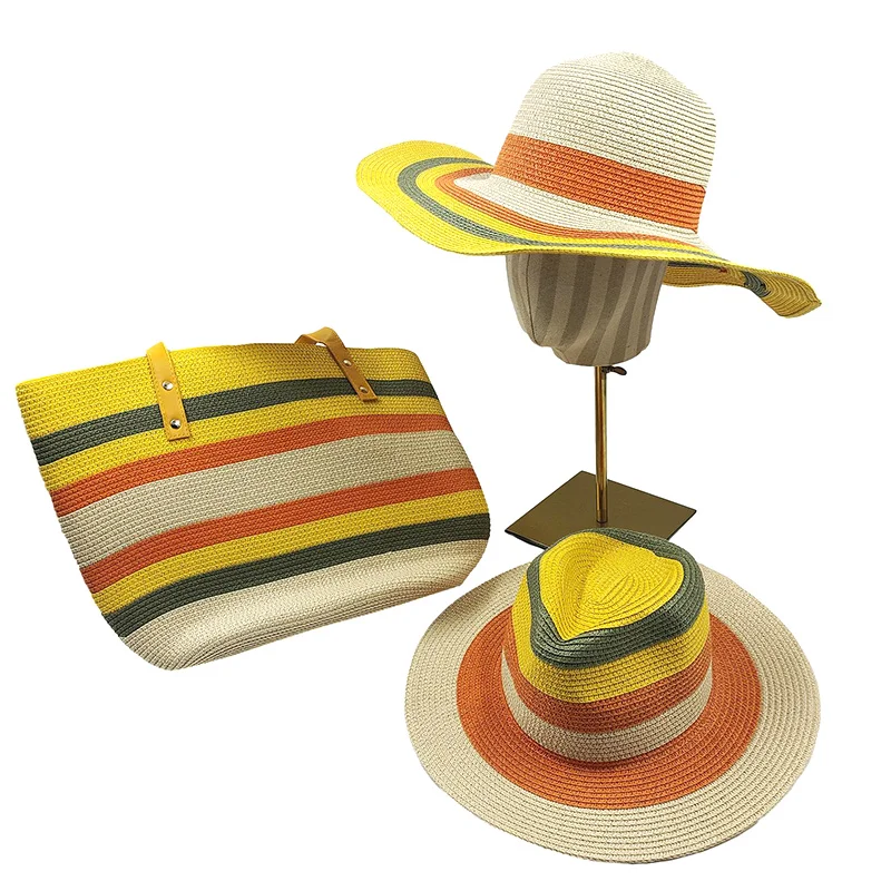 

Men Straw Spring Summer Ladies Three-piece summer foldable large-brim striped straw hat and straw bag set outdoor breathable sun