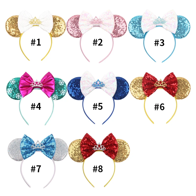 2023 Shiny Castle Mouse Ears Headband Sequins Crown 5IN Bow Hairband For Girls Princess Featival Party DIY Hair Accessories