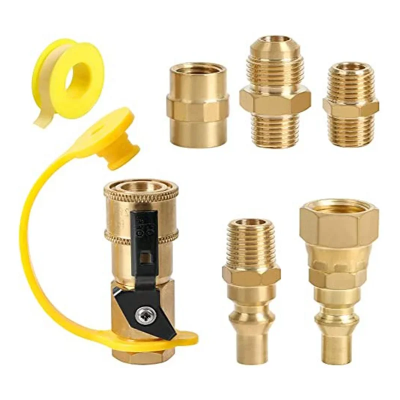 RV Propane Quick Connect Fitting Adapter Valve, 1/4 inch Male NPT Full Flow Plug & 3/8 inch Male Flare Quick Kit