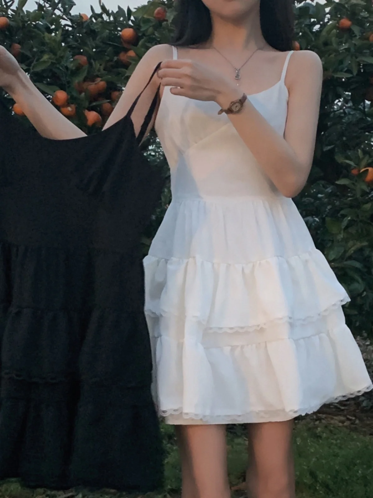 Vestido Branco Estilo Coreano com Mangas Sino, Vestido de Verão para Mulheres, Saia Alta com Camadas, Traje Doce de Escolar