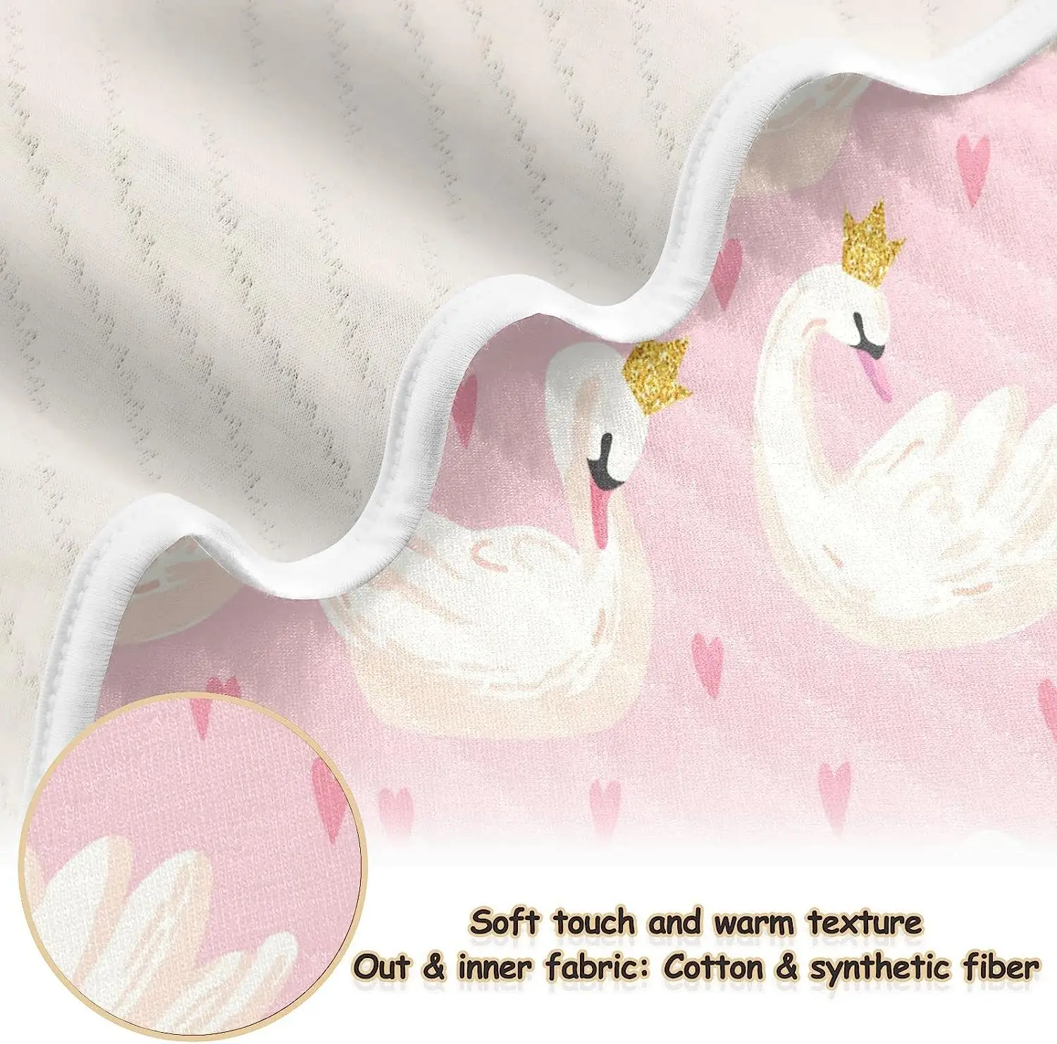 Cute White Swans Pink Hearts Baby Blanket for Girls Boys Cartoon Animal Crib Blanket Stroller Throw Blanket Newborn