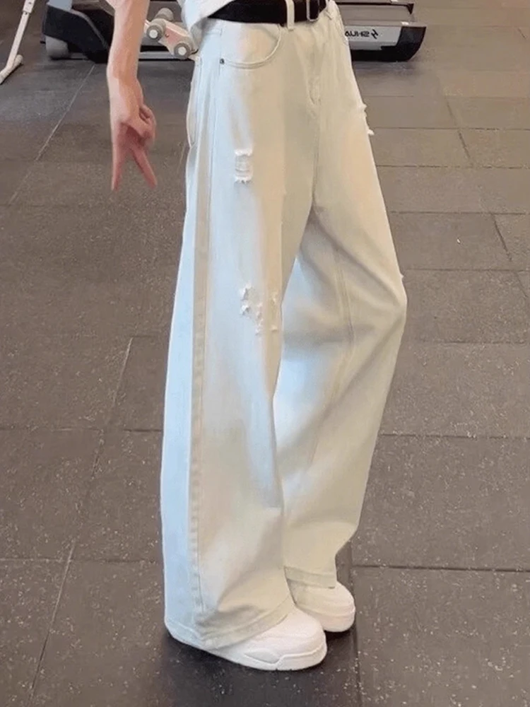 

Мужские джинсы American High Street, свободные широкие брюки прямого кроя, рваные светло-голубые модные брендовые брюки-ножи, повседневные брюки