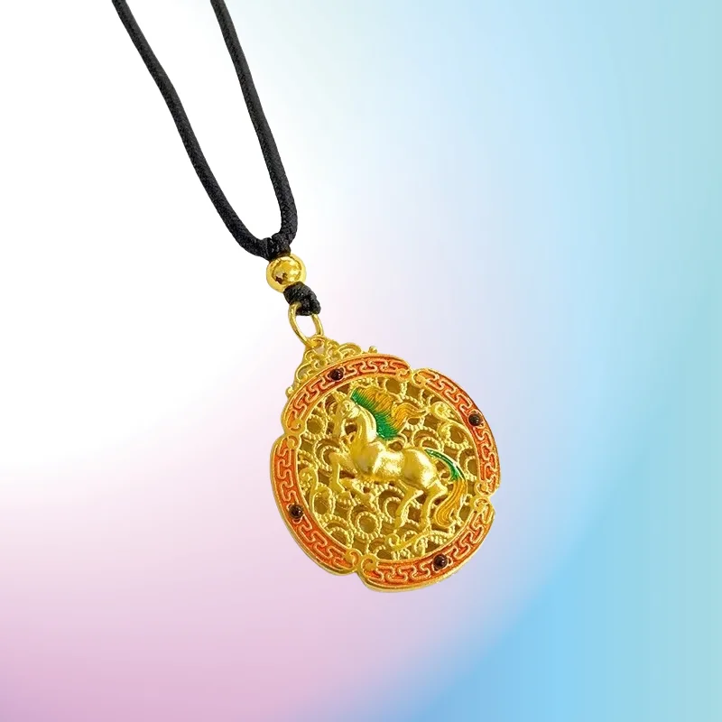 

NEW 9999 Real Gold 24K Tianguan Blessing Series Ethnic Style Burning Blue Horse Success Pendant Men's and Women's Horse Tags