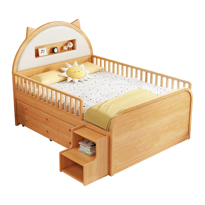 Beech solid wood  bed boys and girls half-height bed 1.2 meters 1.5 multi-function guardrail soft bag bed