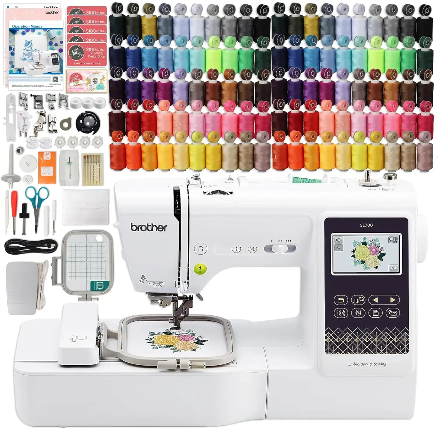 

SE700 Embroidery & Sewing Machine with 100 Sewing Spools, 100 Color Matching Bobbins & Accessories, Customized