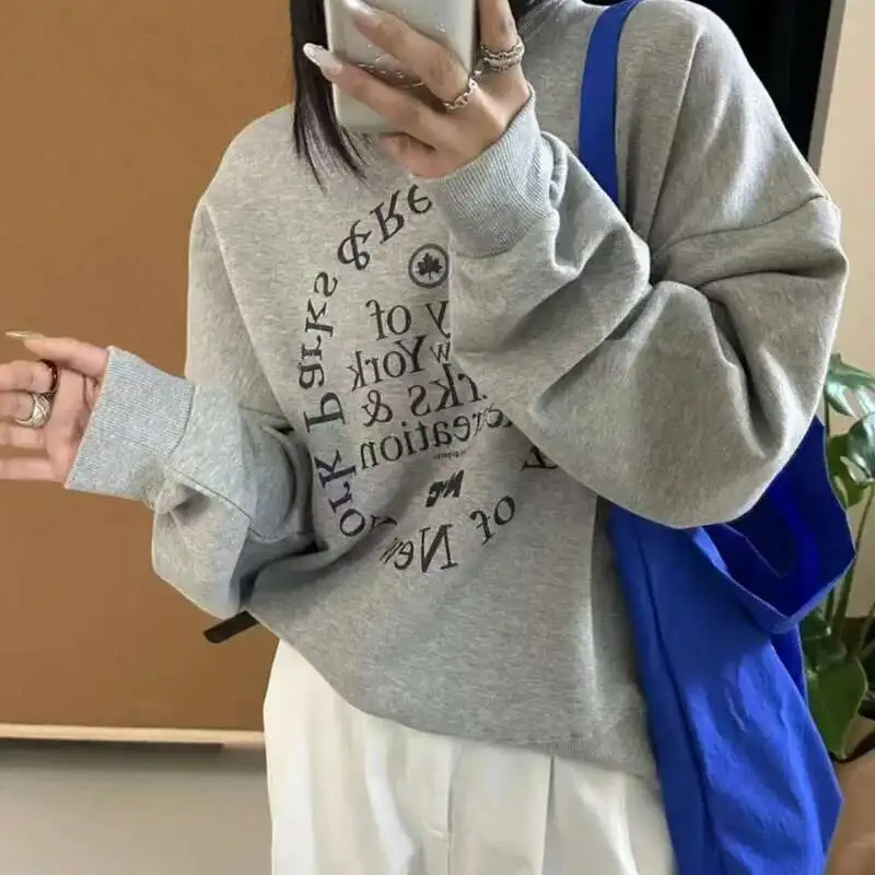 

Letter Printed Hoodie For Women Spring Loose Casual Looped Cotton Yellow Grey Round Neck Pullover Simple Long Sleeved Shirt