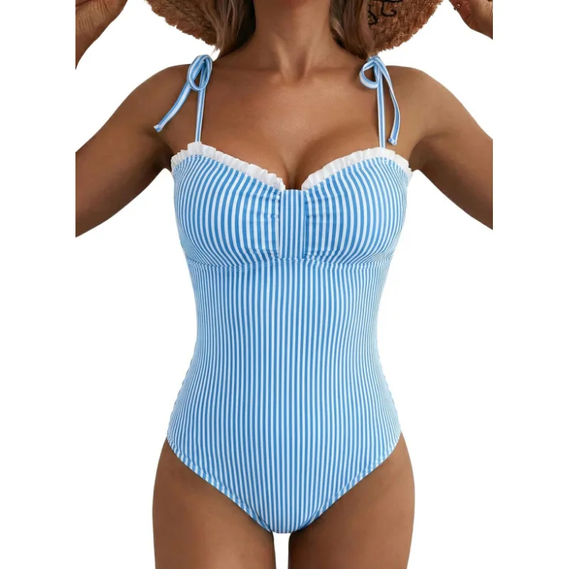 Women One Piece Suits Preppy Striped Monokini Ruffle Scallop Bikinis Shoulder Tie Straps Waist Cinched High Cut Cheeky Swimsuit