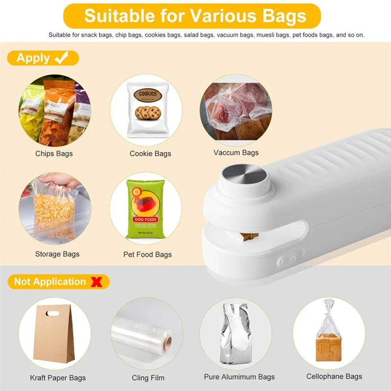 ABBK-2In1 미니 백 실러, 커터가 있는 백 실러 히트 씰, 충전식 칩 백 실러 히트 씰, 휴대용 백 리실러