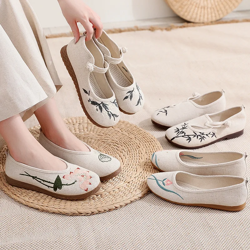 2026 Summer Women's Flats Natural Linen Traditional Embroidery Flat Shoes Breathable Casual Daily Shoes Q-195