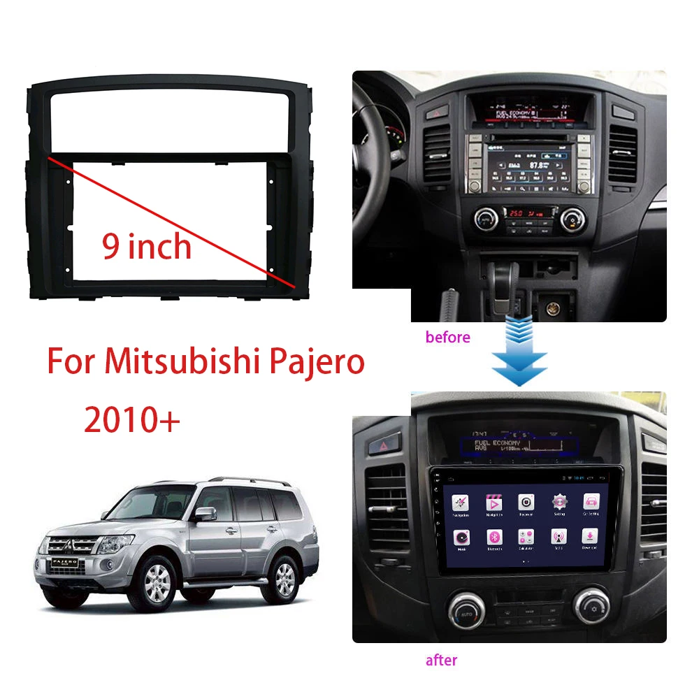 9 Inch Car Radio Facial Frame For Mitsubishi Pajero 2010+ with Wiring Cable Harness Connector Bezel car dvd player frame