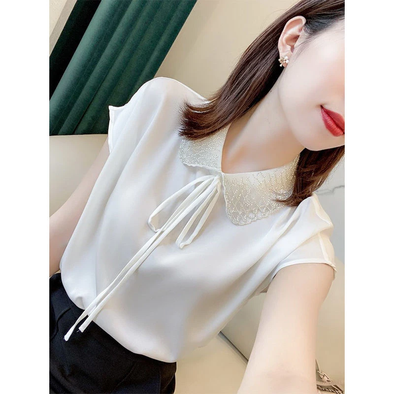 Summer New Lace Patchwork Bandage Satin Shirt Y2K Short Sleeve Solid Elegant Fashion All-match Blouse Female Clothes Top Women