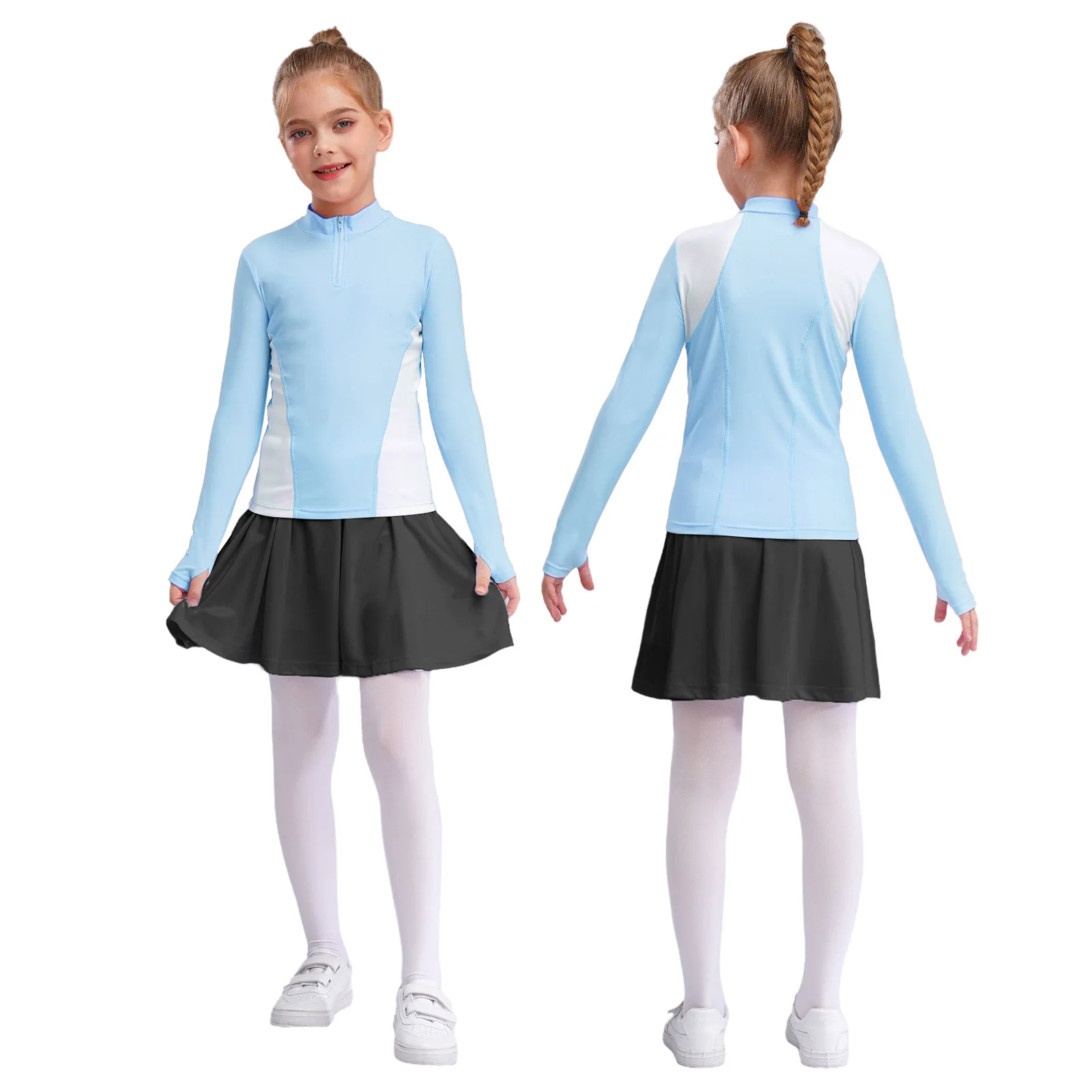 

Girls Tennis Badminton Tracksuit 1/4 Zipper Long Sleeves T-shirt with Pleated Skirt Golf Workout Skateboard Running Sportswear