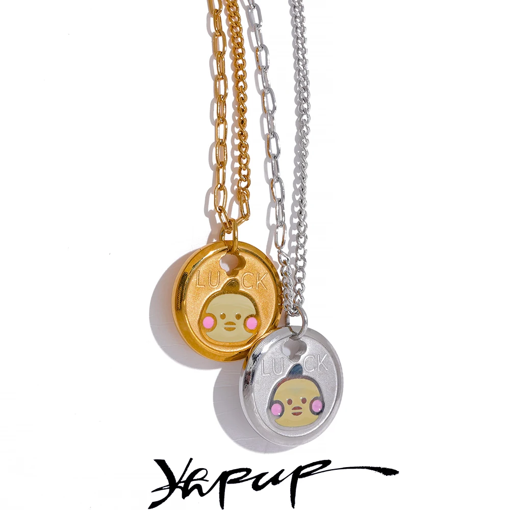 Yhpup Cute Enamel Yellow Duck Round Pendant Stainless Steel Chic Necklace Women Stylish Charm Korean Waterproof Luck Jewelry