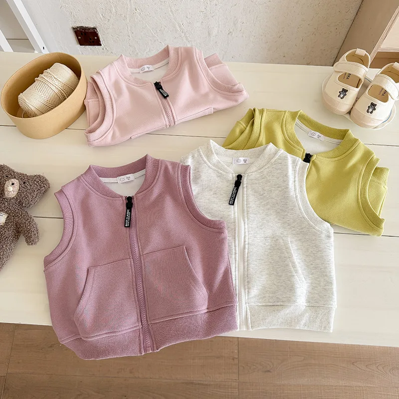 Toddler Kids Solid Zip Up Vest Sleeveless Jacket With Pockets Boys Girls Casual Lightweight Waistcoat Spring Autumn Outerwear