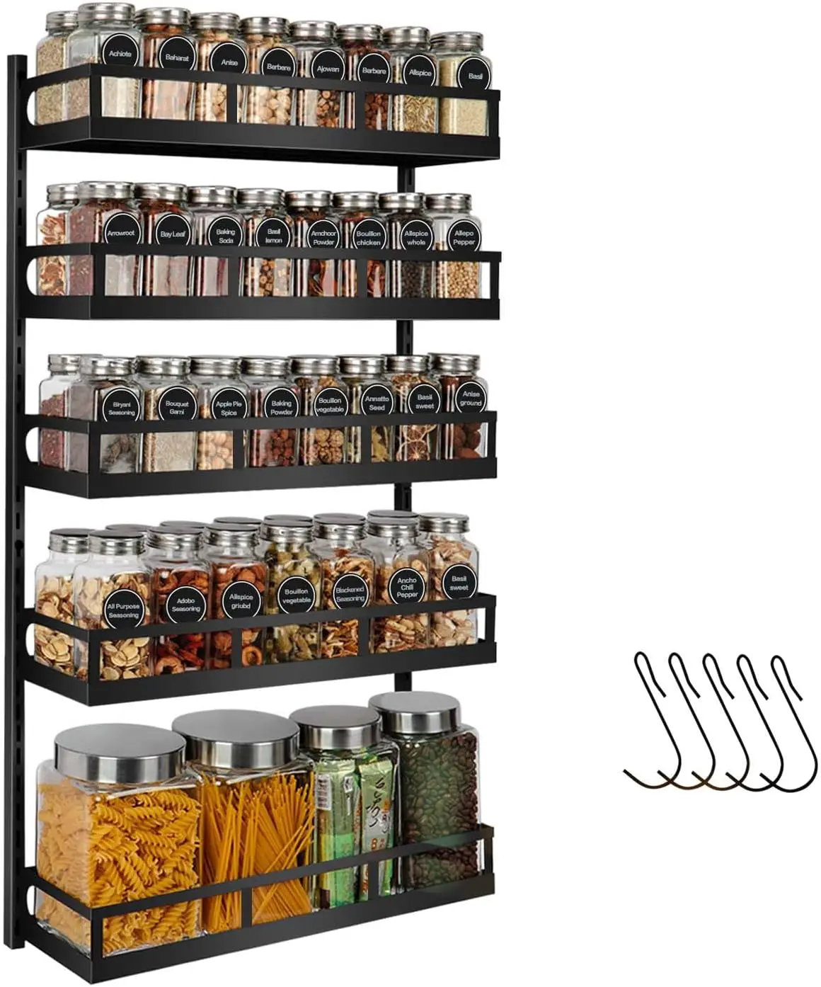

5-Tier Adjustable Wall-Mounted Spice Rack Organizer with Hooks for Kitchen Pantry Cabinet Storage, Black
