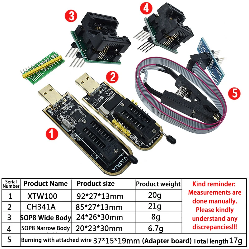 CH341A XTW100 USB Programmer Kit Supports 25 SPI FLASH BIOS/EEPROM Chip Read/Write With SOIC8 Clip Adapter USB to TTL Function