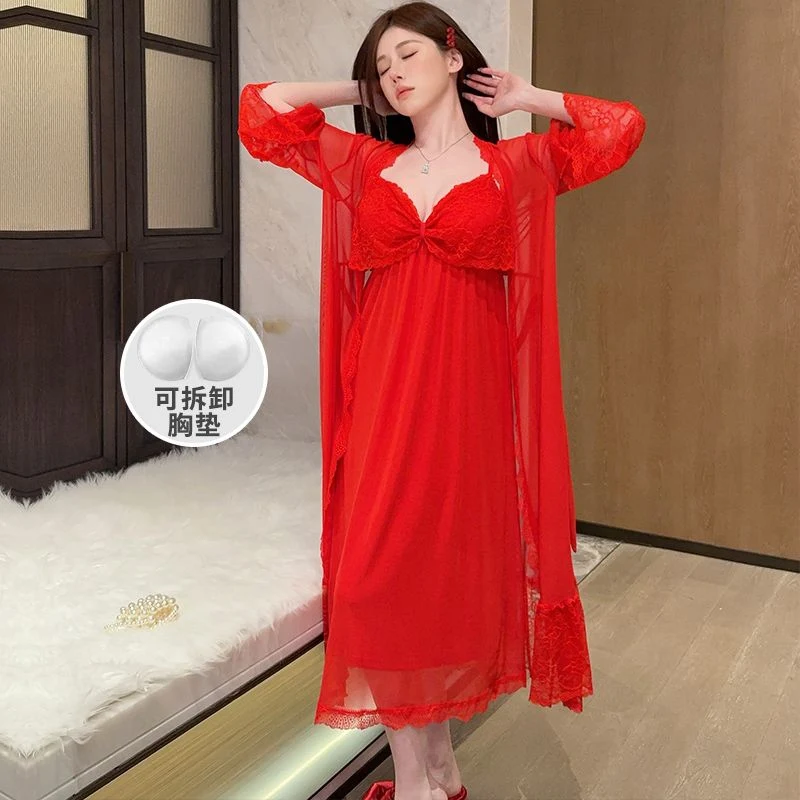 2피스 섹시 레이스 란제리 실크 새틴 나이트가운 로브 세트 (여성용) 2025 가을 한국식 목욕가운 잠옷 나이트드레스