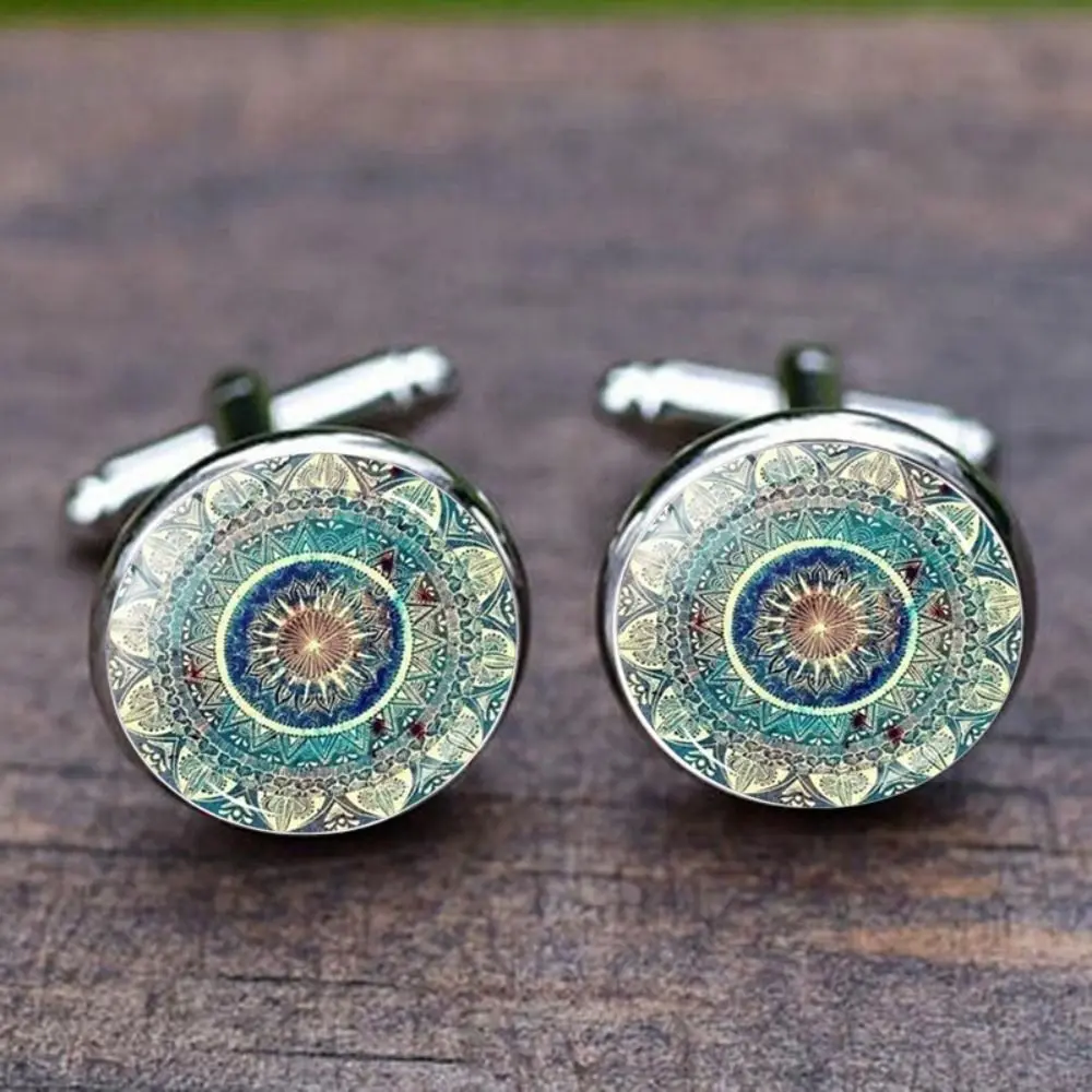 선물 합금 유리 만다라 커프스 단추 남성용 다색 꽃 커프스 단추 남성용 불교 명상