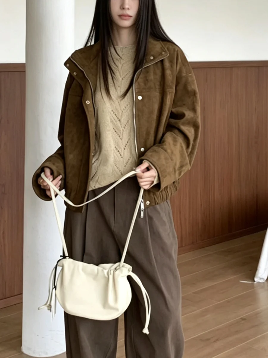 PUAL Women High Neck Faux  Zip Up Elastic Hem Drop Shoulder Long Sleeve Loose Casual Short Outerwear Coat